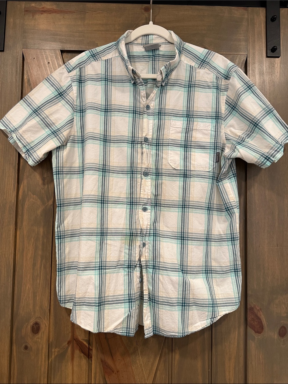 Columbia Men’s Plaid Button Down Shirt Teal White Short Sleeve Size L